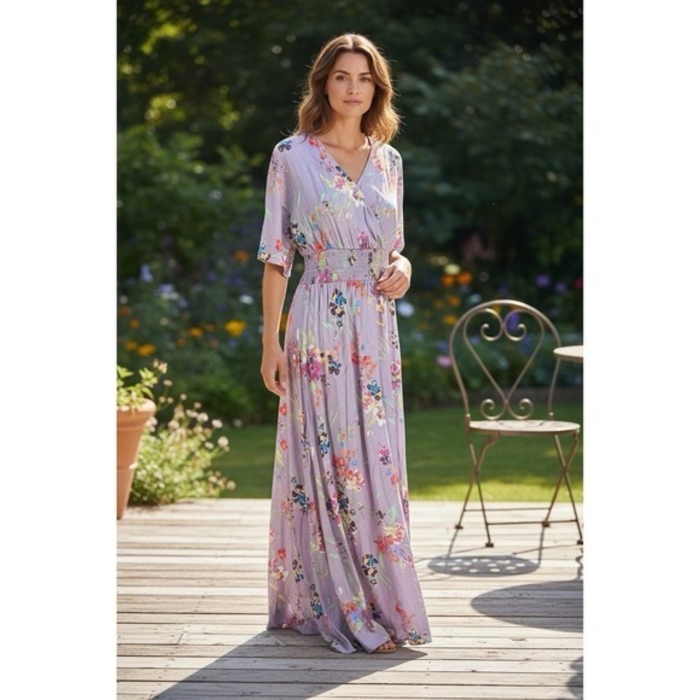 Oddy Floral Maxi Dress Smoked Waist Babydoll Festival Wedding Guest Dress Size S